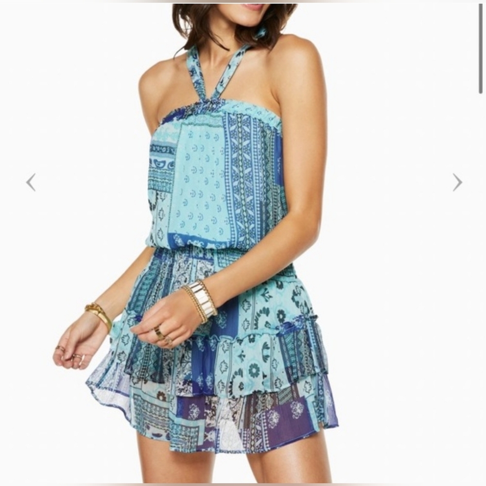 Blue Patchwork Halter Smocked Ruffled Mini Dress - image 1